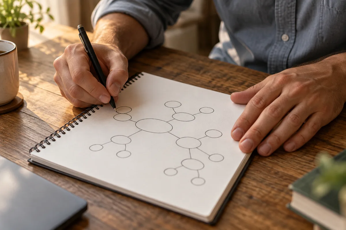 Mains qui dessinent l&rsquo;arborescence d&rsquo;un site sur un carnet à spirale posé sur une table en bois