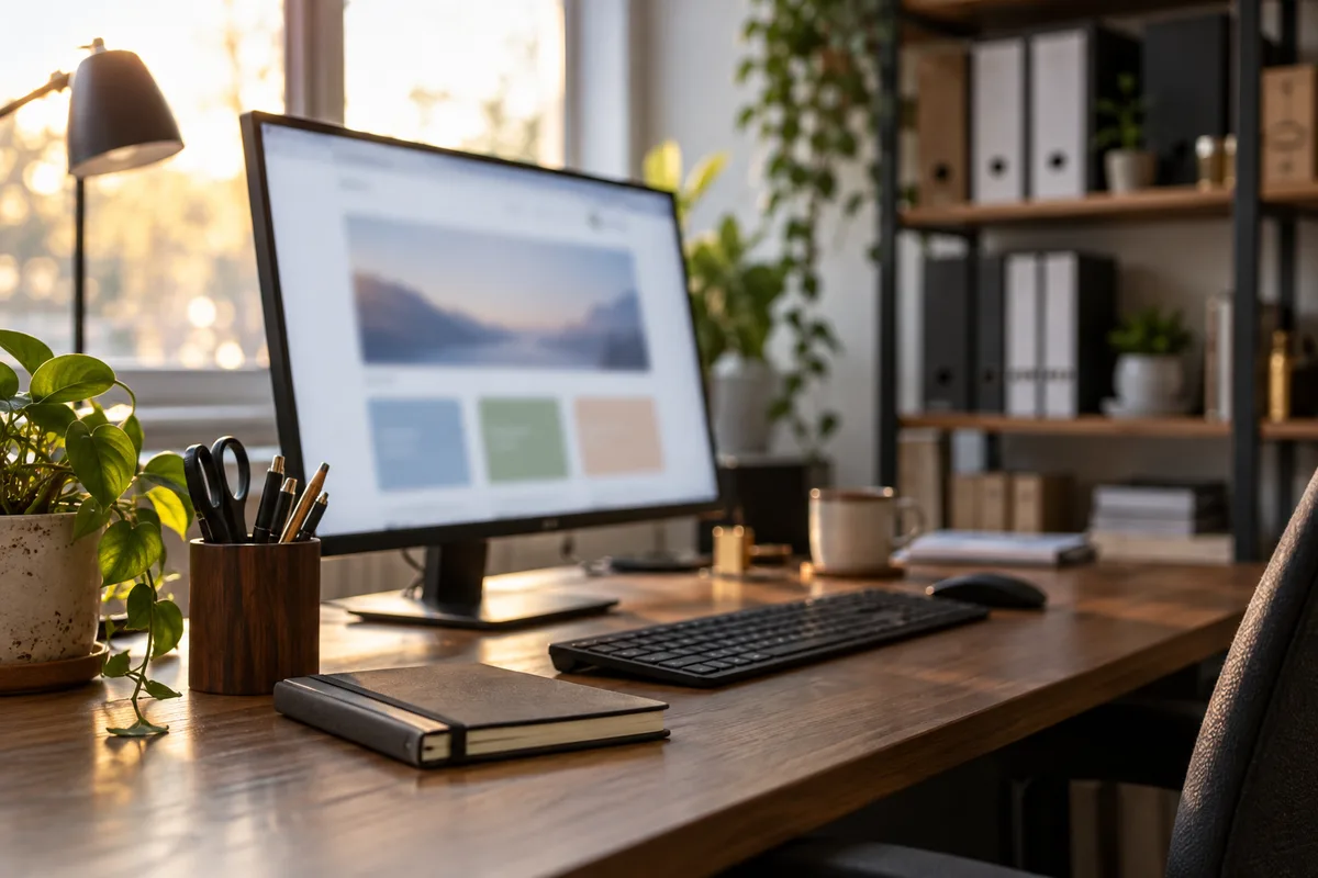 Bureau d&rsquo;une petite entreprise avec un ordinateur affichant une page web floue et un carnet de notes