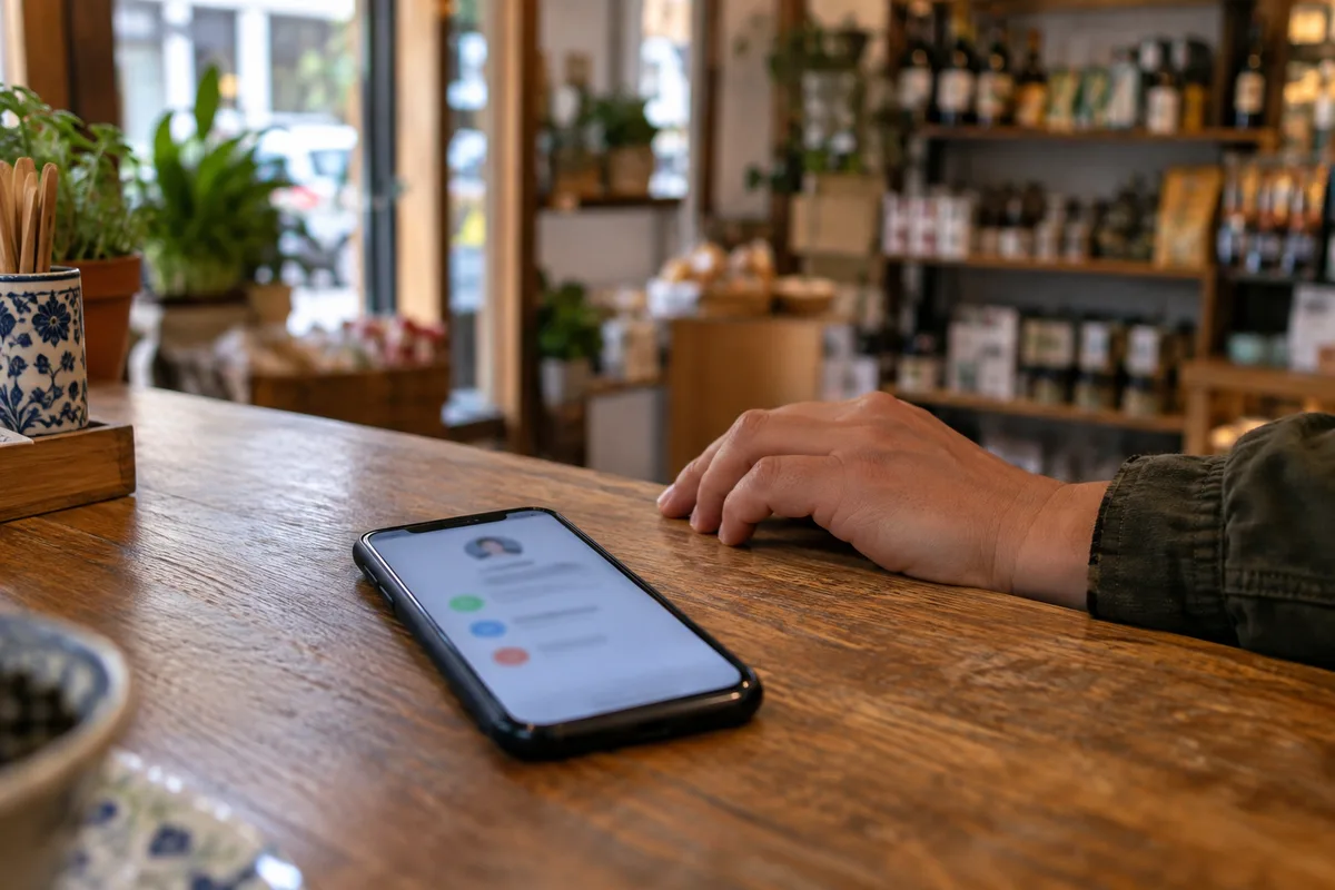 Smartphone affichant une page de contact floue posé sur le comptoir d&rsquo;un commerce de proximité