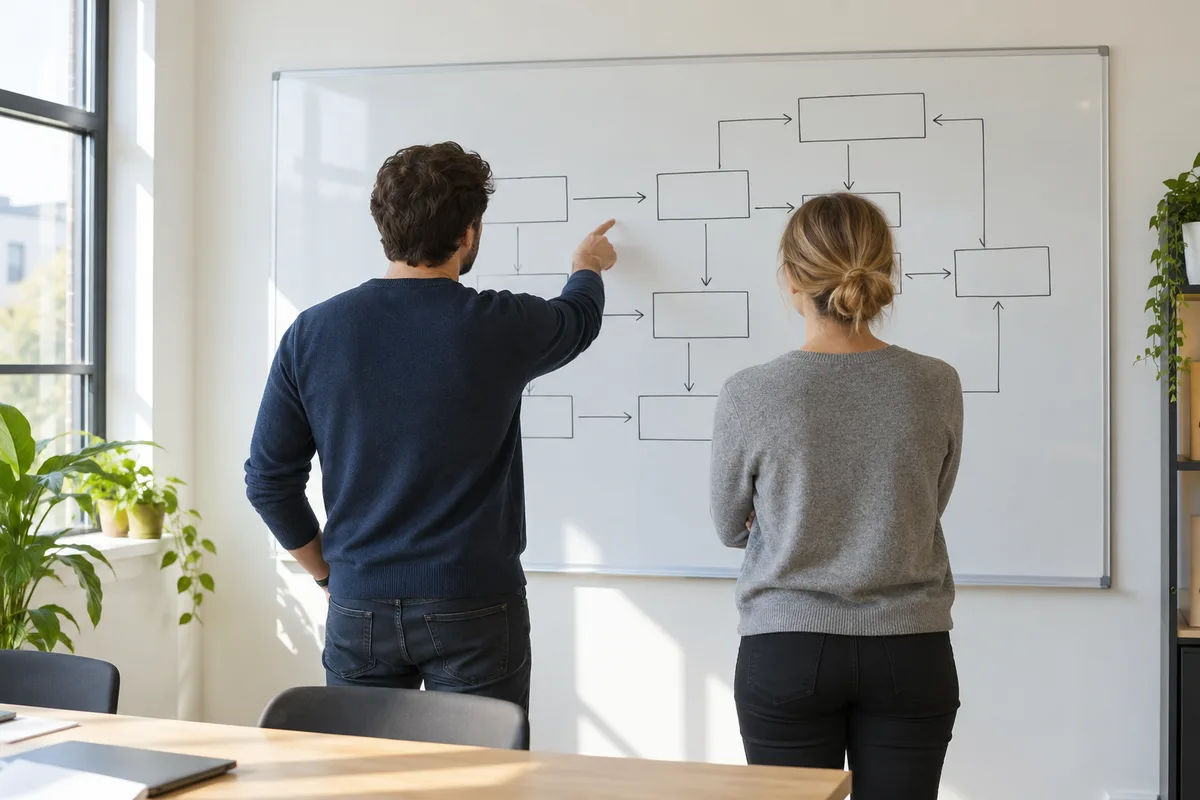 Deux personnes de dos devant un tableau blanc couvert de rectangles reliés par des flèches