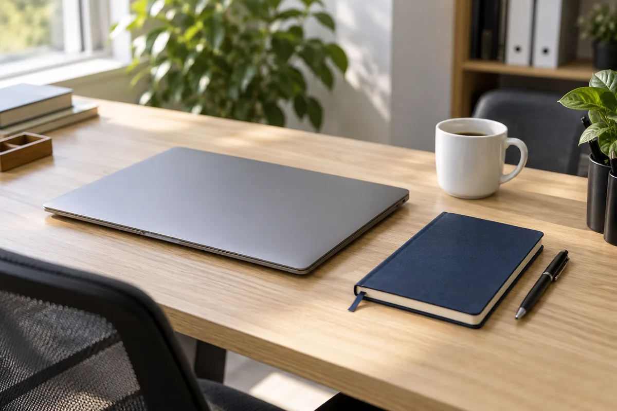 Bureau d’un responsable informatique avec ordinateur portable fermé, carnet et tasse