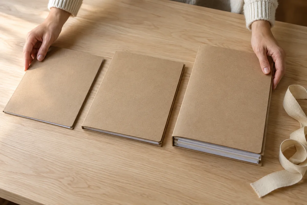 Mains alignant trois chemises cartonnées d&rsquo;épaisseurs différentes sur un bureau en bois