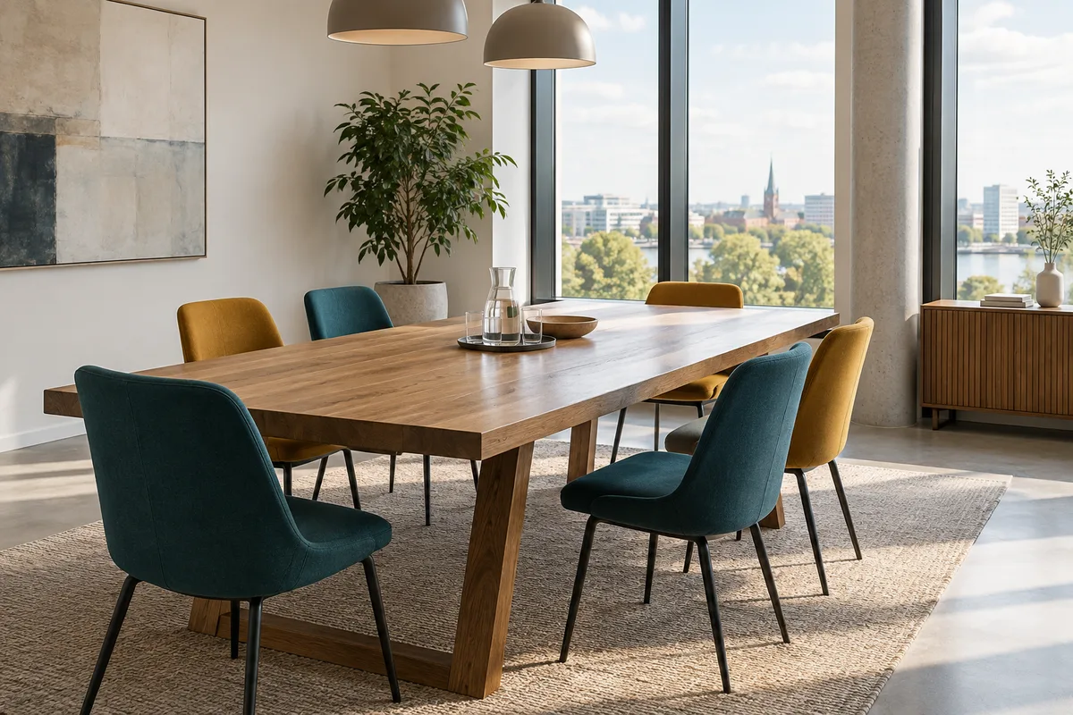 Salle de réunion vide avec table en bois massif et chaises de couleurs unies