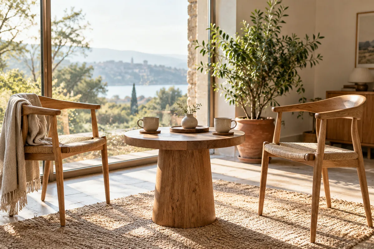 Deux chaises en bois face à face autour d&rsquo;une table ronde et deux tasses en grès