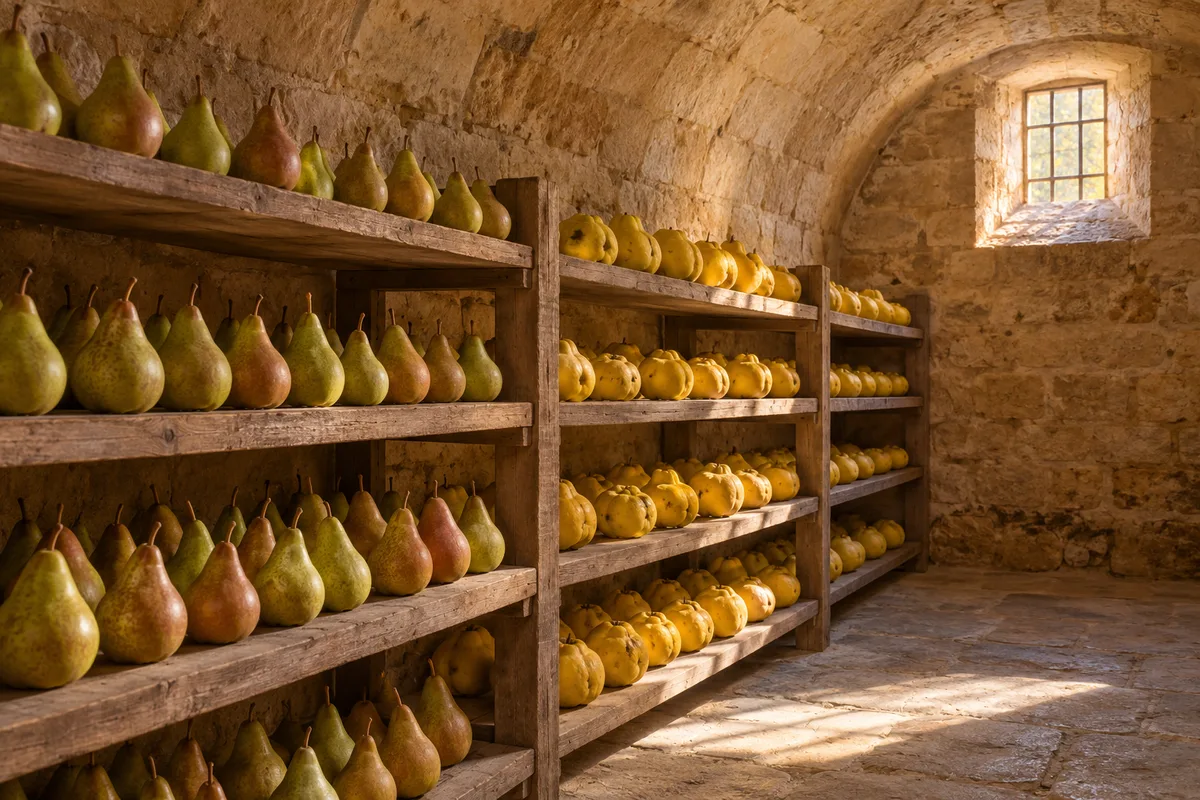 Poires et coings rangés sur des claies en bois dans un cellier aux murs de pierre