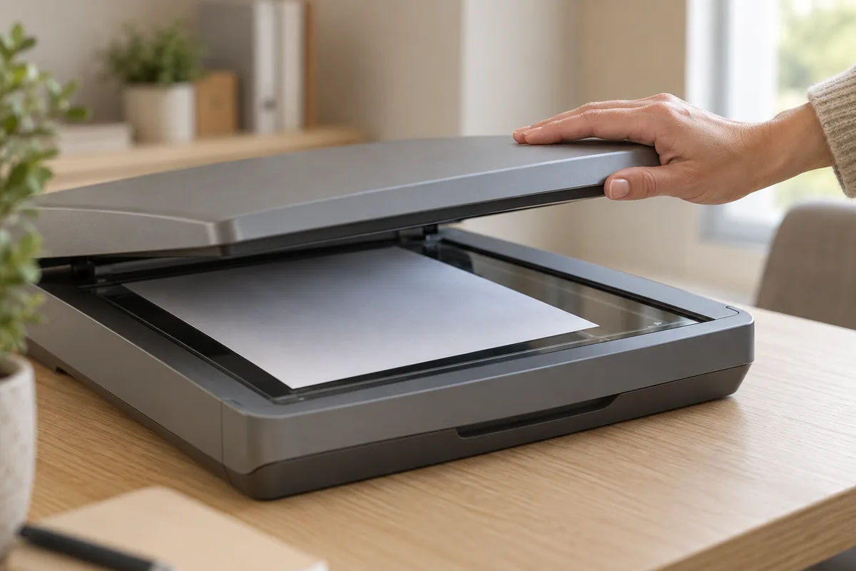 Main refermant le capot d&rsquo;un scanner de bureau gris sur une feuille retournée