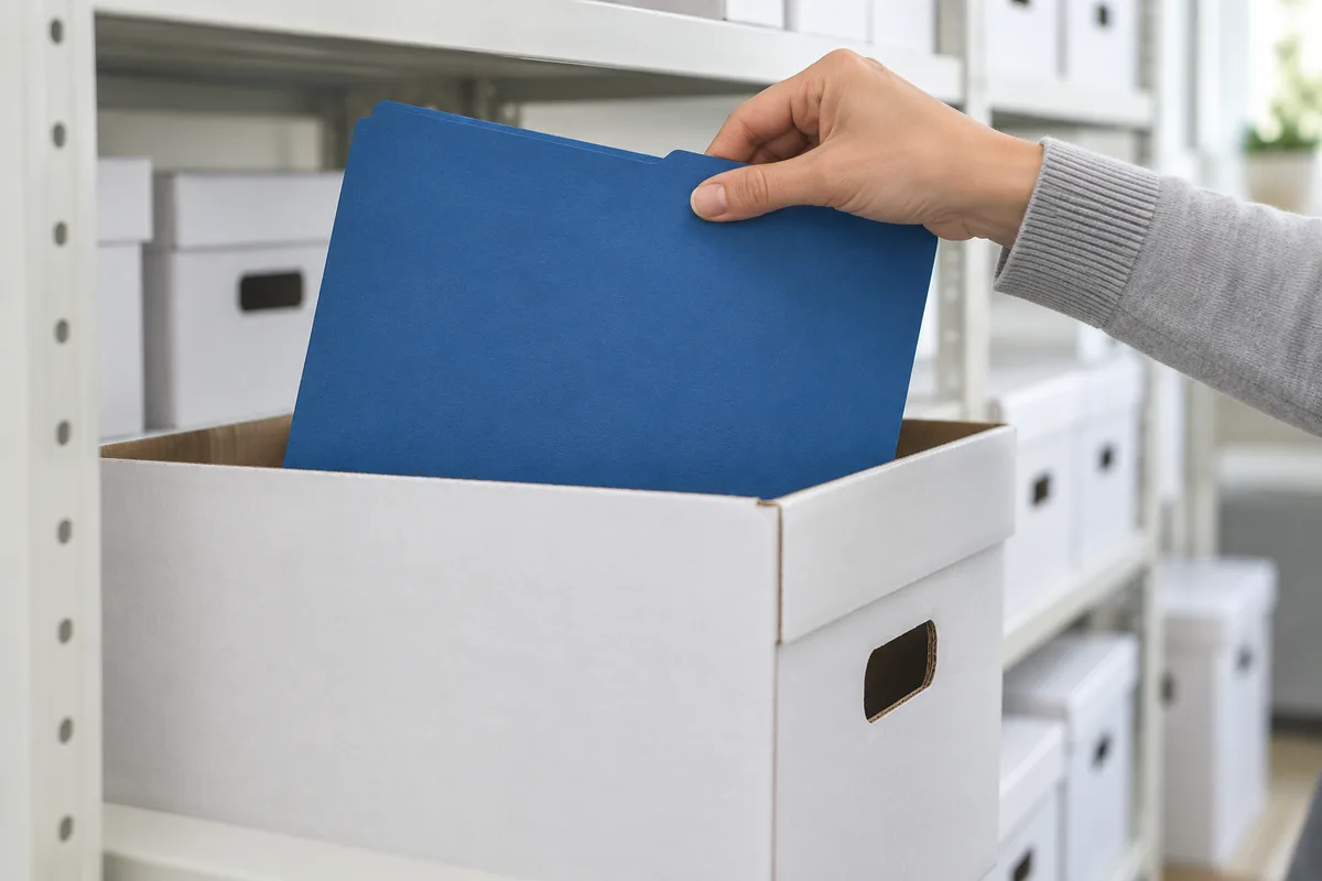 Main rangeant un dossier cartonné dans une boîte d&rsquo;archives unie