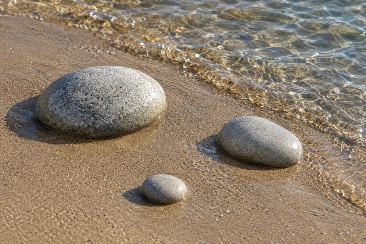 Trois galets de tailles différentes posés sur une berge de sable humide