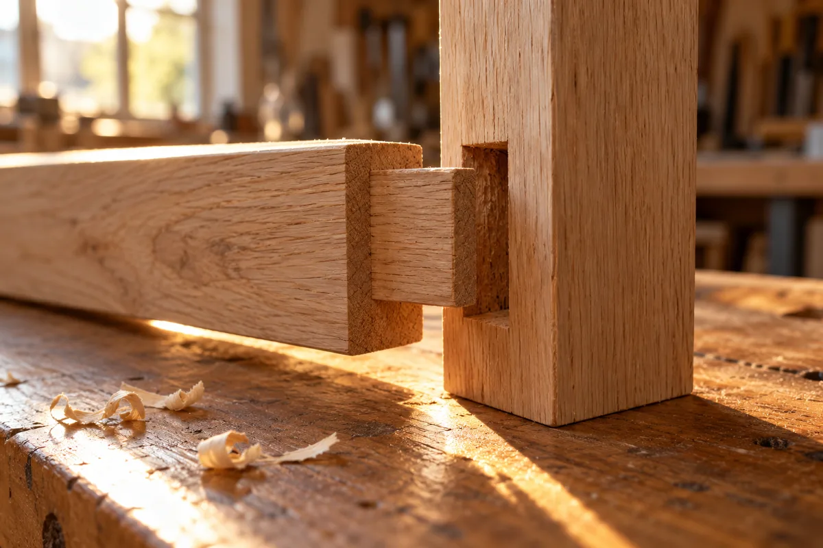 Deux pièces de bois assemblées par un tenon et une mortaise sur un établi