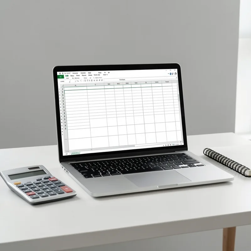 Bureau avec ordinateur portable affichant un tableau de budget de site web et une calculatrice