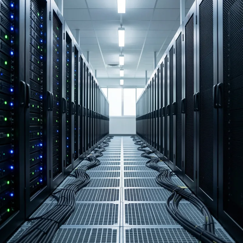 Salle serveur avec baies informatiques et voyants lumineux bleus