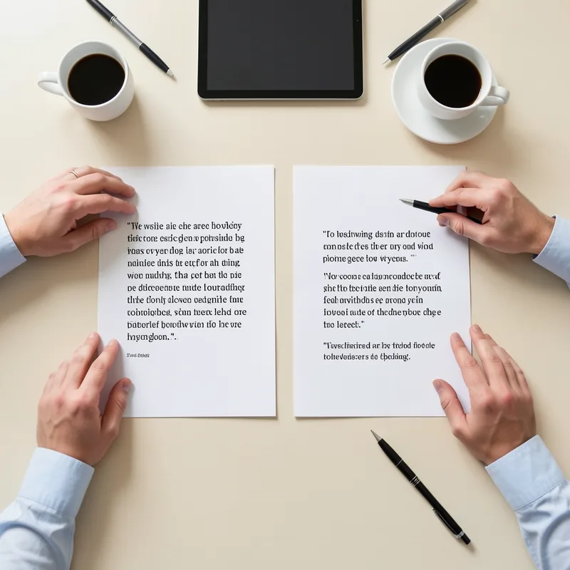 Deux personnes comparant des devis imprimés de création de site web sur une table de réunion