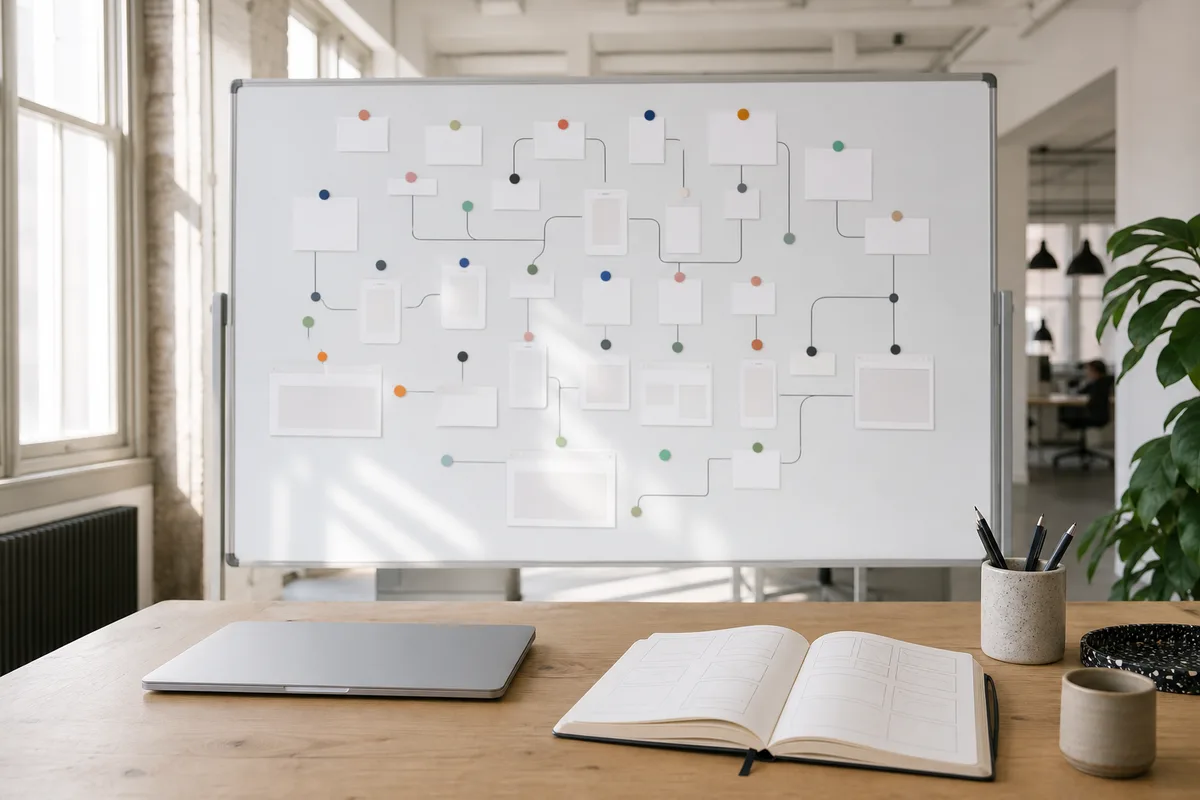 Carte des points de contact numériques d&rsquo;une marque affichée sur un tableau blanc