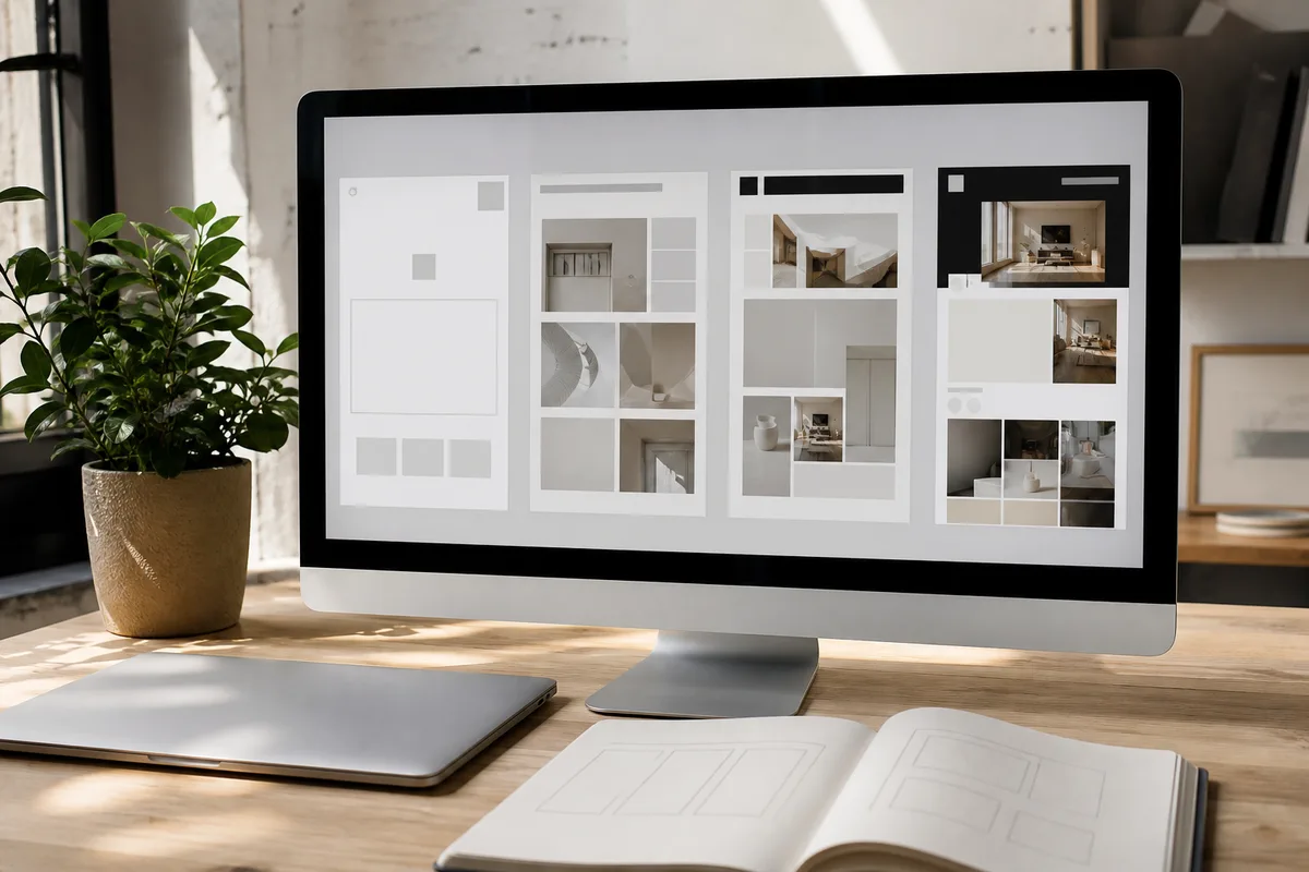 Comparaison de quatre mises en page de portfolio sur écran, du minimal au magazine