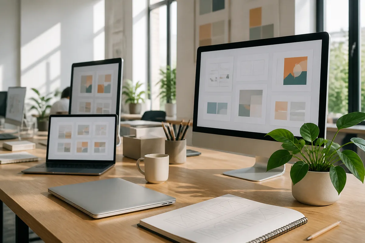 Bureau partagé avec plusieurs écrans affichant des espaces de travail collaboratifs