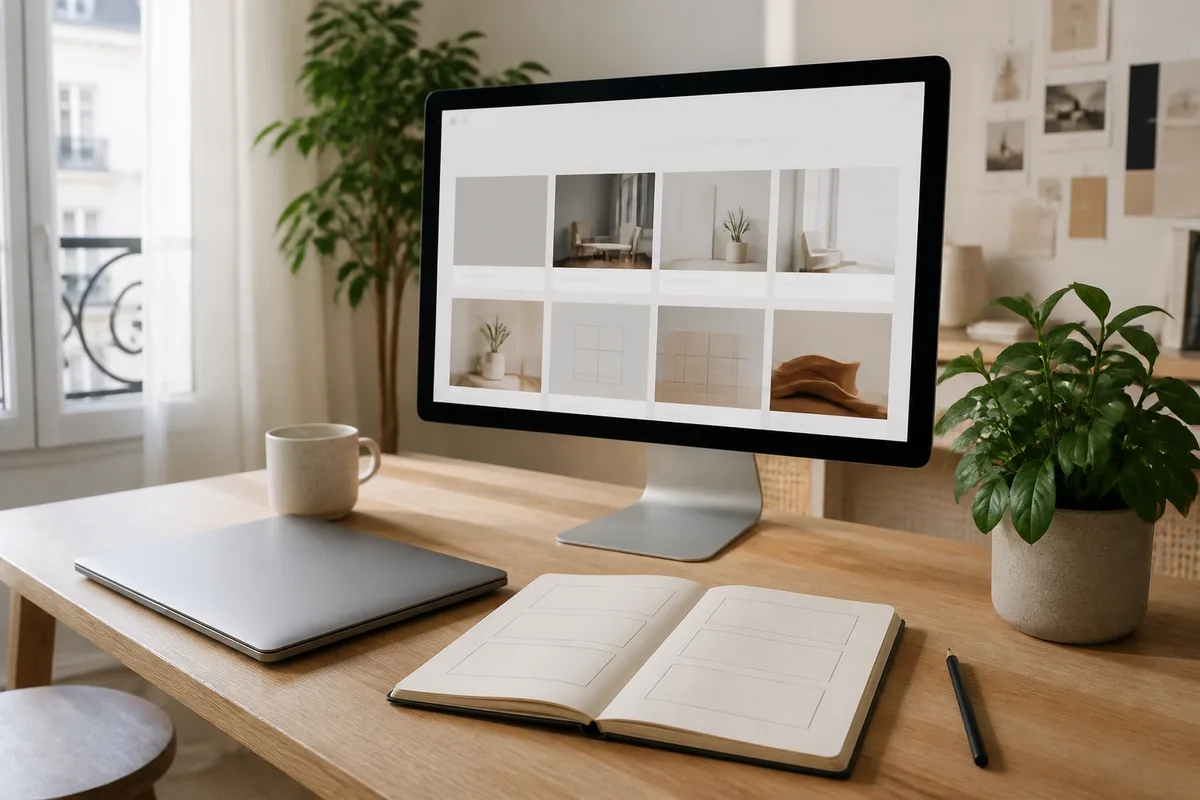 Écran d’ordinateur affichant la page projets d’un portfolio WordPress en cours de construction